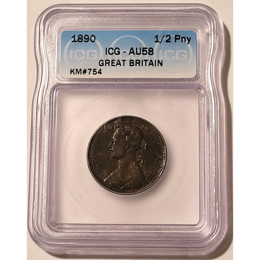 Great Britain Victoria 1890 1/2 Penny AU58 ICG